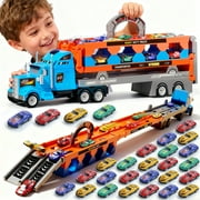 Jiakora 13 in 1 Toy Truck for Kids, Race Track and 12 Die-Cast Metal Toy Cars, Racing Car with Lights & Sounds, Toddler Carrier Truck Playset Gift for 2 3 4 5 Years Old Boys and Girls-Blue