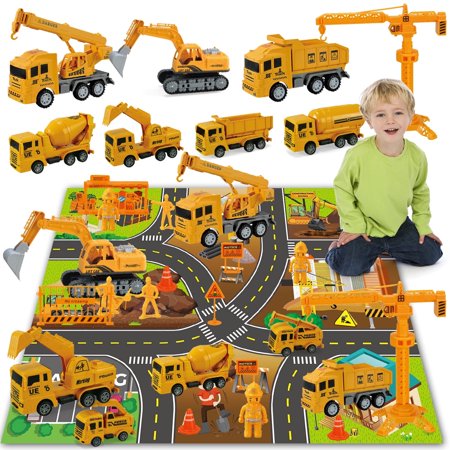 Jiakora Construction Vehicle Toy Set, 38Pcs, with Play Mat, Construction Worker, Road Signs, Dump Trucks, Excavator, Cement Mixer Trucks, Crane, Toy Gift for Age 3-9 Kids Boys & Girls
