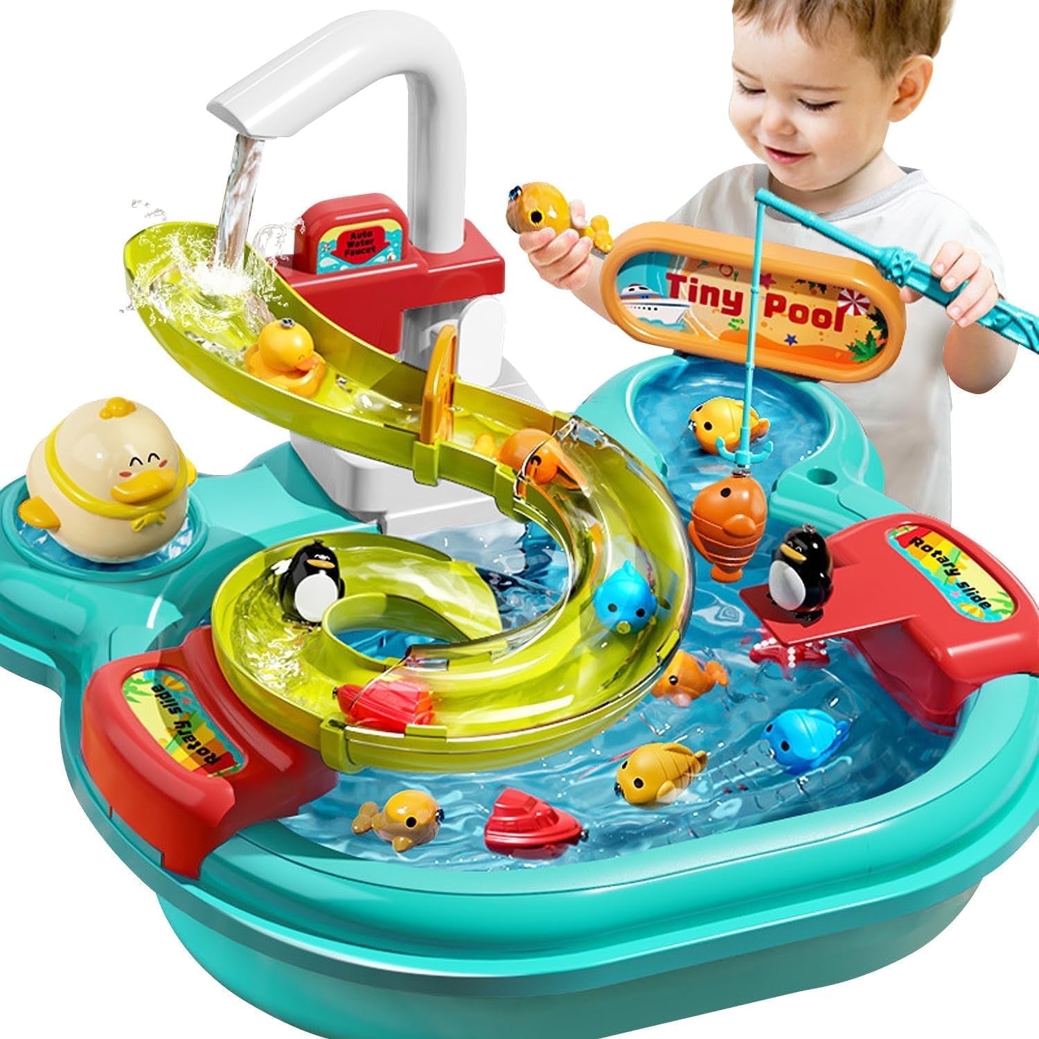 Jiakora Play Sink with Running Water, 3-in-1 Toddler Kitchen Toys, Water Table, Fishing Set, Tracks, Pretend Play Kitchen Cleaning Set for Toddlers 1-3