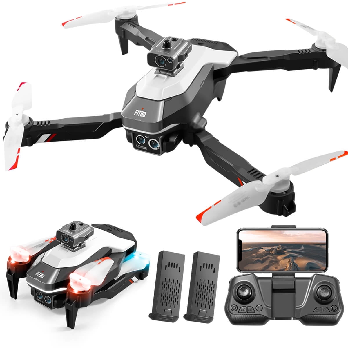 Jiakora Drone with Camera for Adults and Kids, 360 Obstacle Avoidance Flight, Colorful Lights, Motorized Adjustable HD Dual Camera, 2.4GHz RC Airplane, 2 Batteries, Christmas Toys Gift, 11 inch