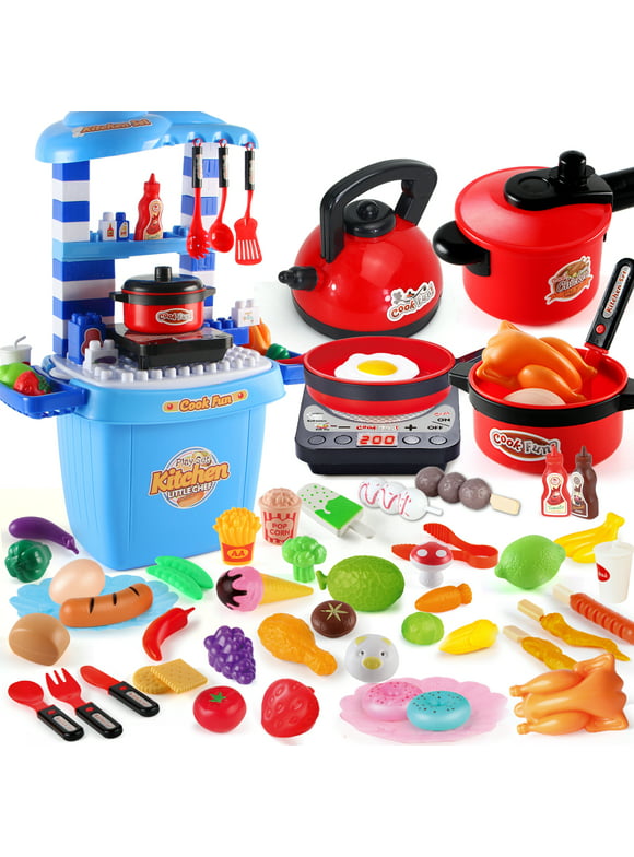 Jiakora Play Kitchen Toys for Girls 3-6 Years Mini Kitchen Set for Toddlers Pretend Food Cooking Red Kitchen Toys for Toddlers Sounds and Light Stove