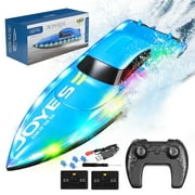 Jiakora RC Boat with LED Lights for Adults & Kids, 2.4G Remote Control Racing Boats for Pools and Lakes, Waterproof with 2 Rechargeable Battery, Capsize Recovery, Water Toy Gifts for 6+ Boys Girls