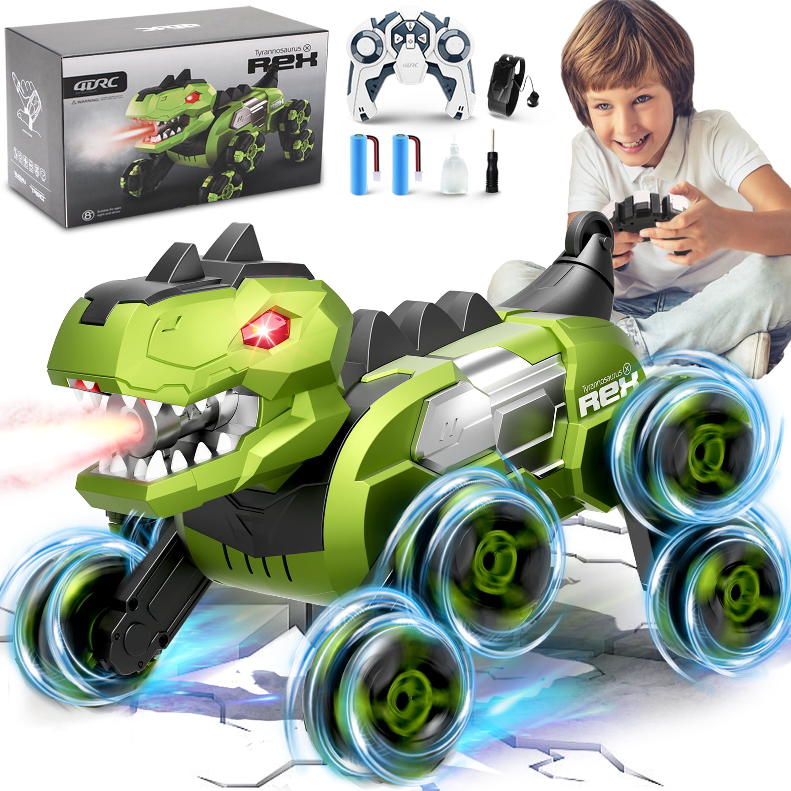 Jiakora Remote Control Dinosaur Car Robot Toys with Spray Lights & Music, 8WD Dino Truck RC Car 2.4Ghz Transform Stunt Car Toy Birthday Gifts for 6-12 Year Old Boys Girls
