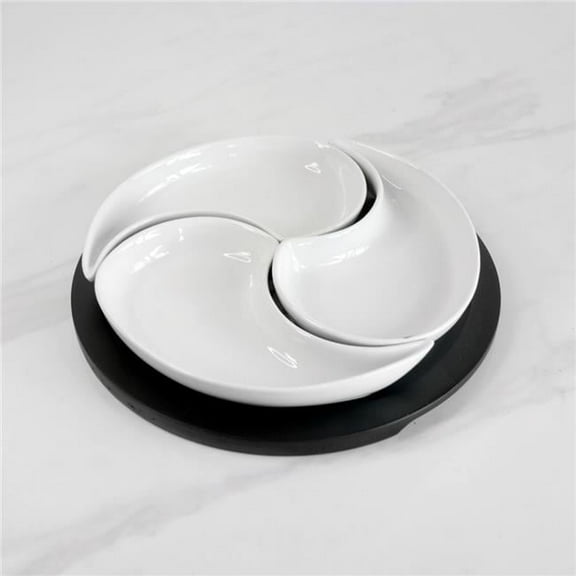 3 Tear Drop Ceramic Plate with Wood Tray 9x9x2"