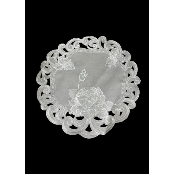 Oriental Tang Silver Rose Embroidered Cutwork Round Placemat, 16-Inch diameter Table Linen Decor - 16"