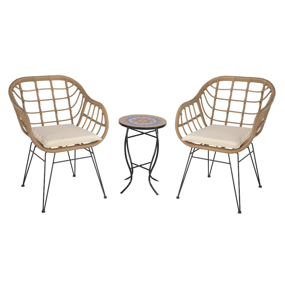 Brown Faux Rattan Basket Chair Set with Mosaic Accent Table