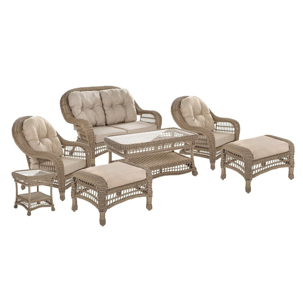 Beige Wicker 7-Piece Outdoor Patio Conversation Set with Ottomans