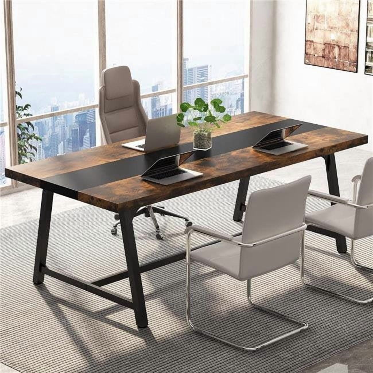 Jiallo TB-F1969 70.87 in. Modern Rectangular Conference Table for 6-8 People, Office Executive Desk with Durable Metal Frame, Large Work Surface for Boardroom & Team - Rustic Brown & Black