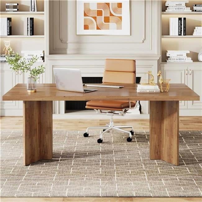 Jiallo TB-JW0676X Farmhouse Executive Desk Vintage Wood Computer Workstation with Thickened Tabletop - Walnut Brown