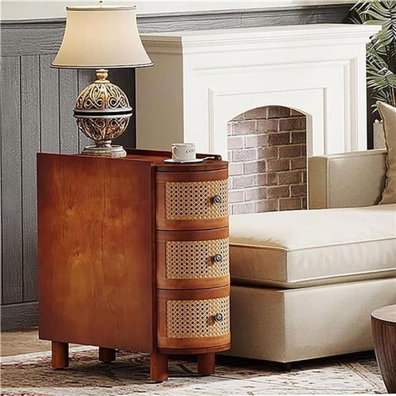 Jiallo TB-XK00666 10.62 in. Narrow Rattan 3-Drawer Nightstand - Walnut & Oak