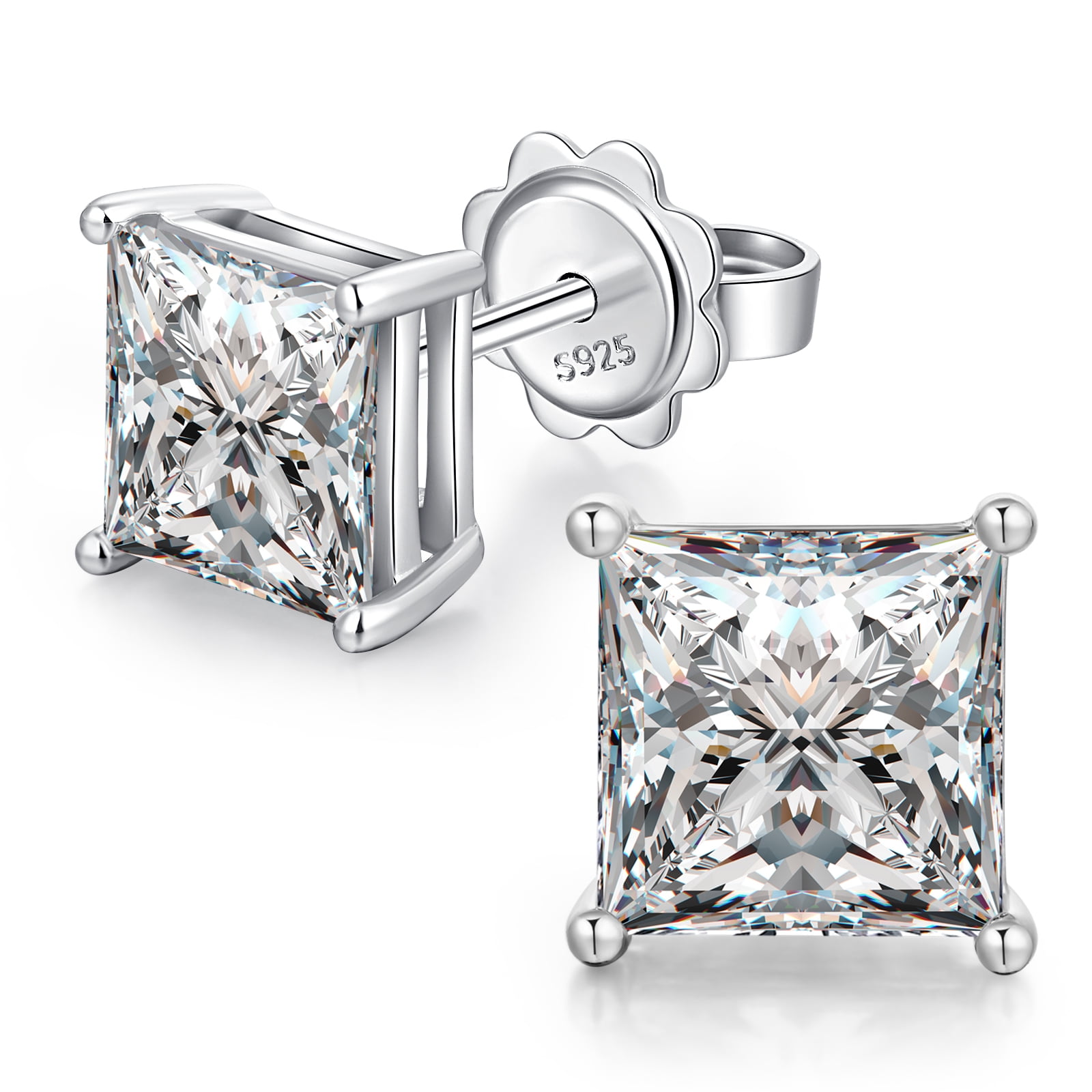 Jiamiaoi 18k White Gold Plated 925 Sterling Silver Sparkly Cubic Zirconia Stud Earrings Sets 4mm-8mm Circle Diamond Earrings Gold Square Stud Earrings Hypoallergenic