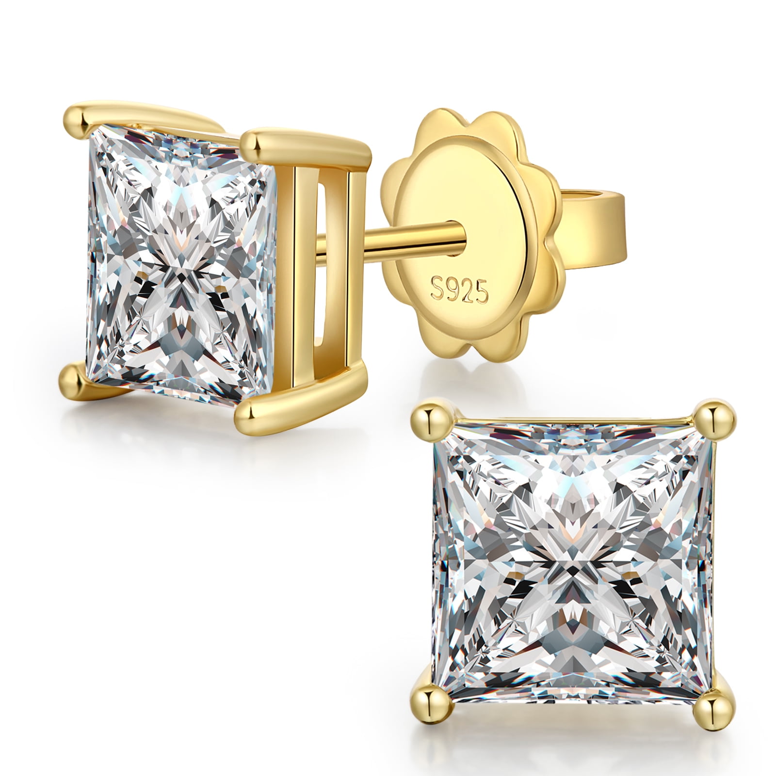 Jiamiaoi 18k White Gold Plated 925 Sterling Silver Sparkly Cubic Zirconia Stud Earrings Sets 4mm-8mm Circle Diamond Earrings Gold Square Stud Earrings Hypoallergenic