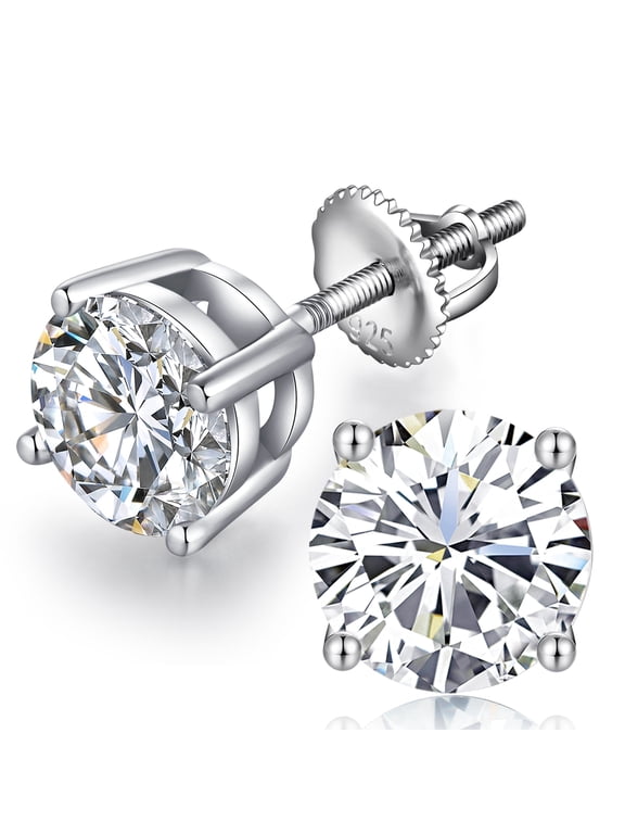 18k White Gold Plated Simulated Diamond Stud Earrings Screw Back Sterling Silver Cubic Zirconia Stud Earrings Set 4 Millimeters-8 Millimeters