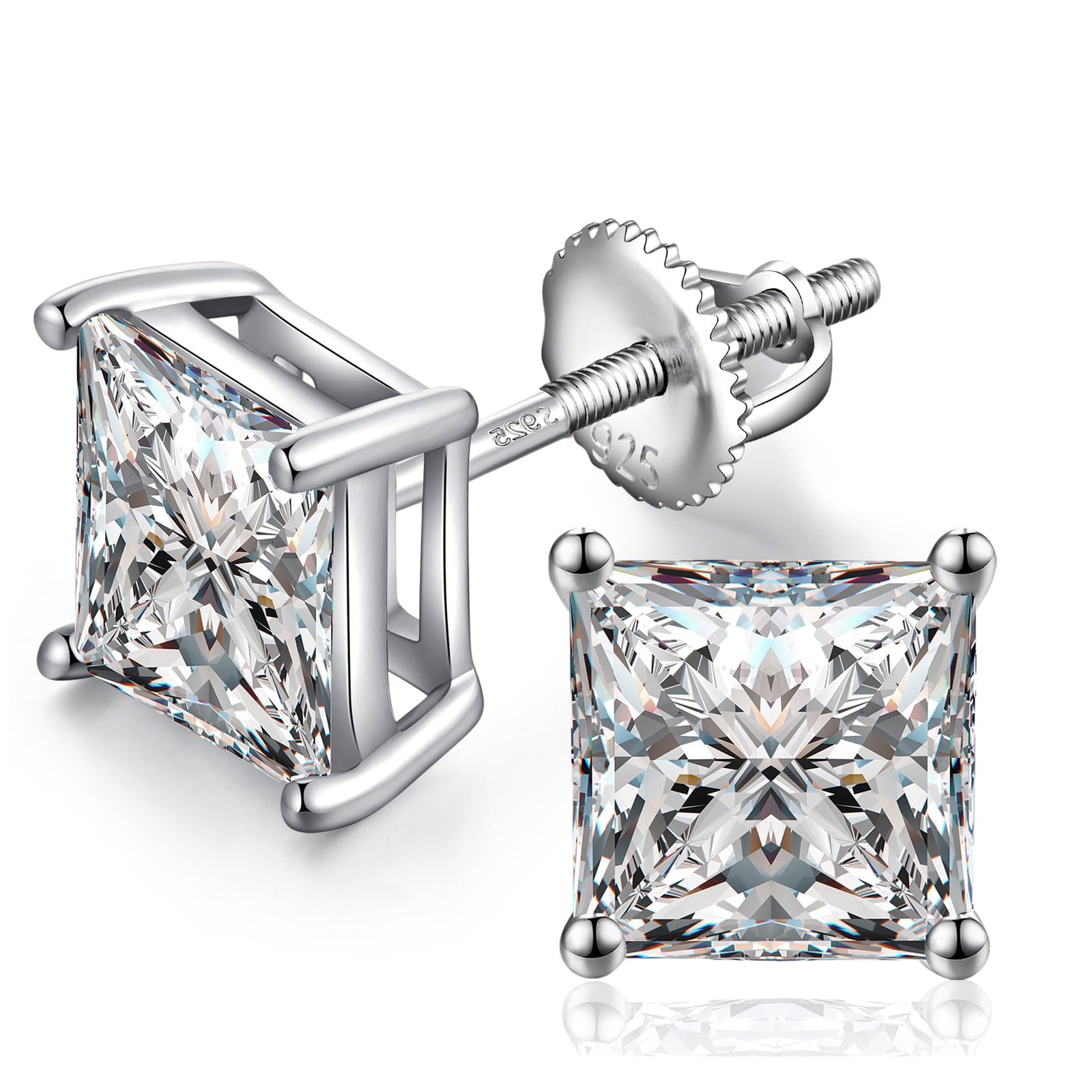 Jiamiaoi 18k White Gold Plated Simulated Diamond Stud Earrings Screw Back Sterling Silver Cubic Zirconia Stud Earrings Set 4 Millimeters-8 Millimeters