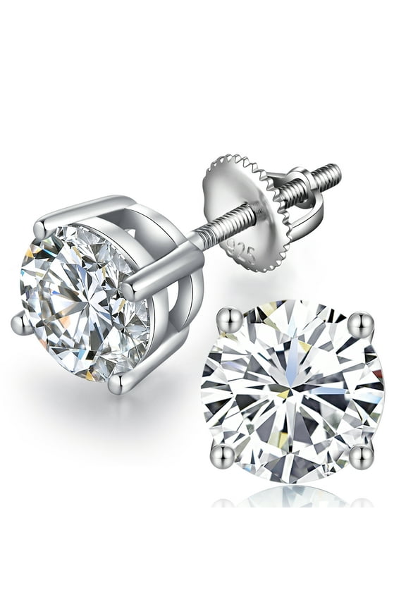 18k White Gold Plated Simulated Diamond Stud Earrings Screw Back Sterling Silver Cubic Zirconia Stud Earrings Set 4 Millimeters-8 Millimeters