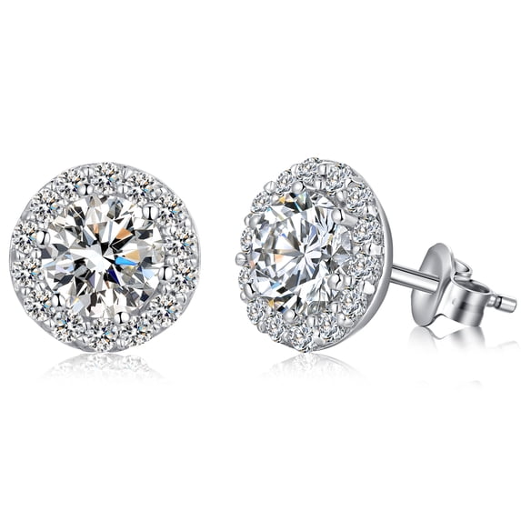 Jiamiaoi Halo Earrings 18K White Gold Plated Stud Earrings for Women 925 Sterling Silver Cubic Zirconia Earrings Studs Flat Diamond Stud Earrings Silver Earrings for Women