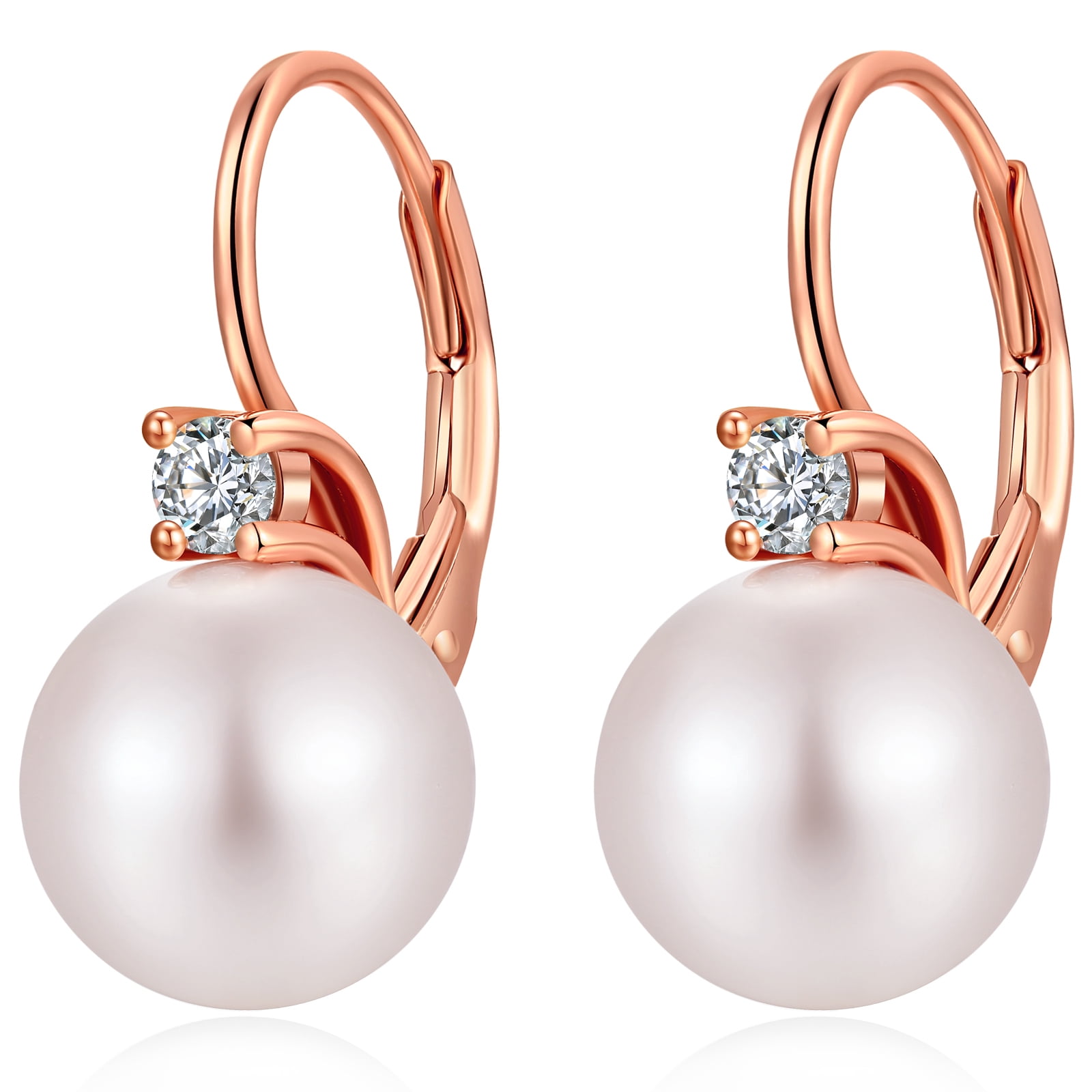Jiamiaoi Pearl Dangle Earrings 8mm-10mm, 925 Sterling Silver Pearl Drop Earrings with Cubic Zirconia, Hypoallergenic Pearl Earring Leverback Pearl Earrings Drop Ideal Gift for Women