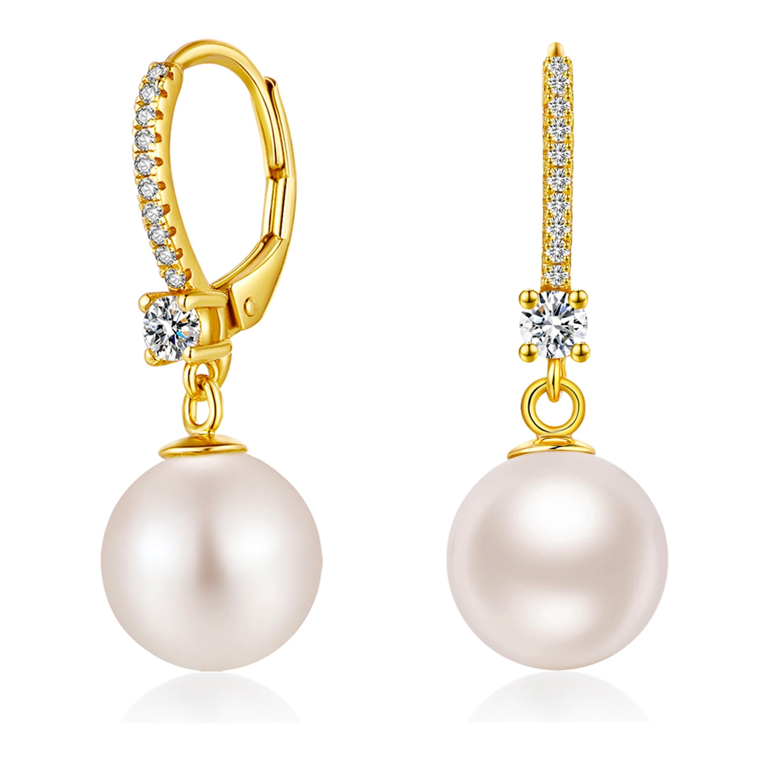 Jiamiaoi Pearl Dangle Earrings 8mm-10mm, 925 Sterling Silver Pearl Drop Earrings with Cubic Zirconia, Hypoallergenic Pearl Earring Leverback Pearl Earrings Drop Ideal Gift for Women