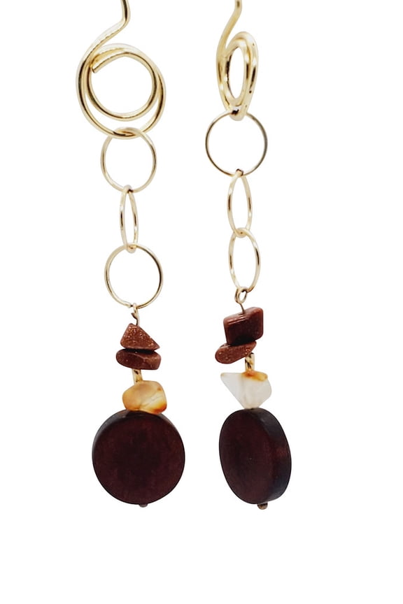 Gold and Chocolate, Adult Female, Wooden Spiraling Dangle Earrings, Faux Rocks