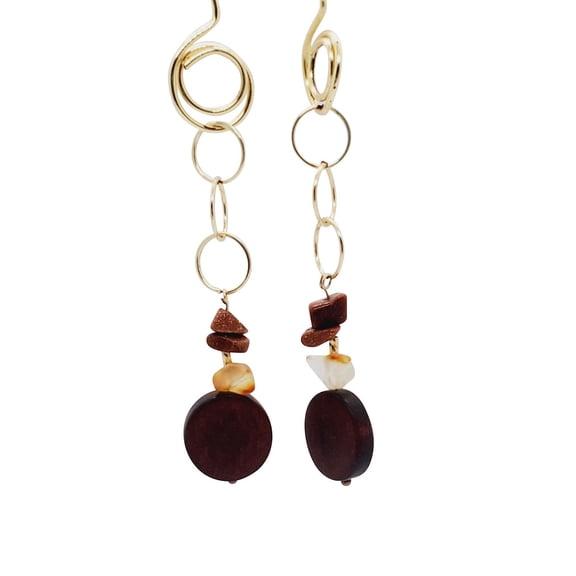 Jiana Deon Gold and Chocolate, Adult Female, Wooden Spiraling Dangle Earrings, Faux Rocks