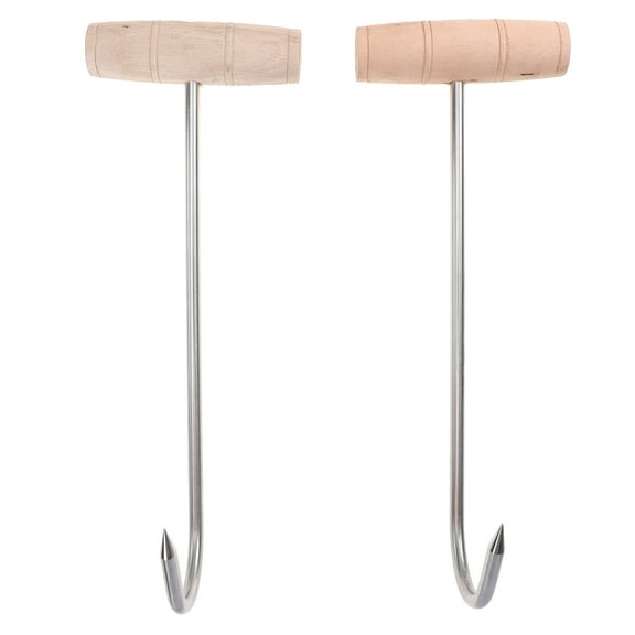 Jiandong Meat Hooks 2 Meat Hooks for Butchering, T-Shaped with Wood Handle - 12 inch Stainless Steel(11.42X3.94X3.15Inch)