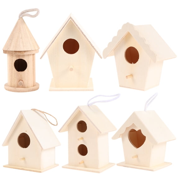 Jiandong Wooden Small House 6 Unfinished Wooden Bird Houses for DIY Crafts - Mixed Styles(3.74X3.54X2.36Inch)