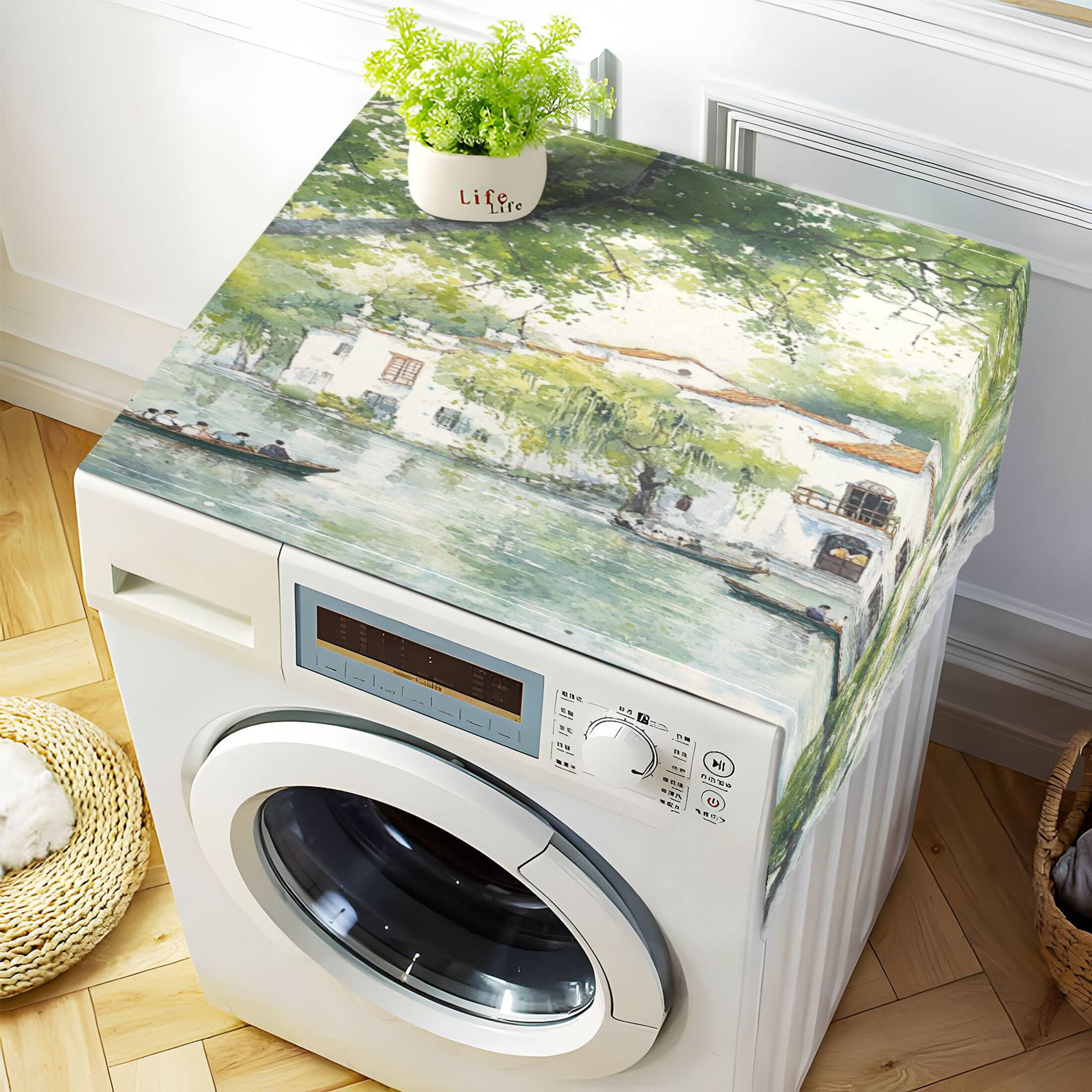 Jiangnan SceneryWasher and Dryer Covers Dust-Proof and Oil Resistant Fridge Cover with 4 Storage Pockets Washing Machine Top Cover for Laundry Kitchen Home 51.2 x 22 In