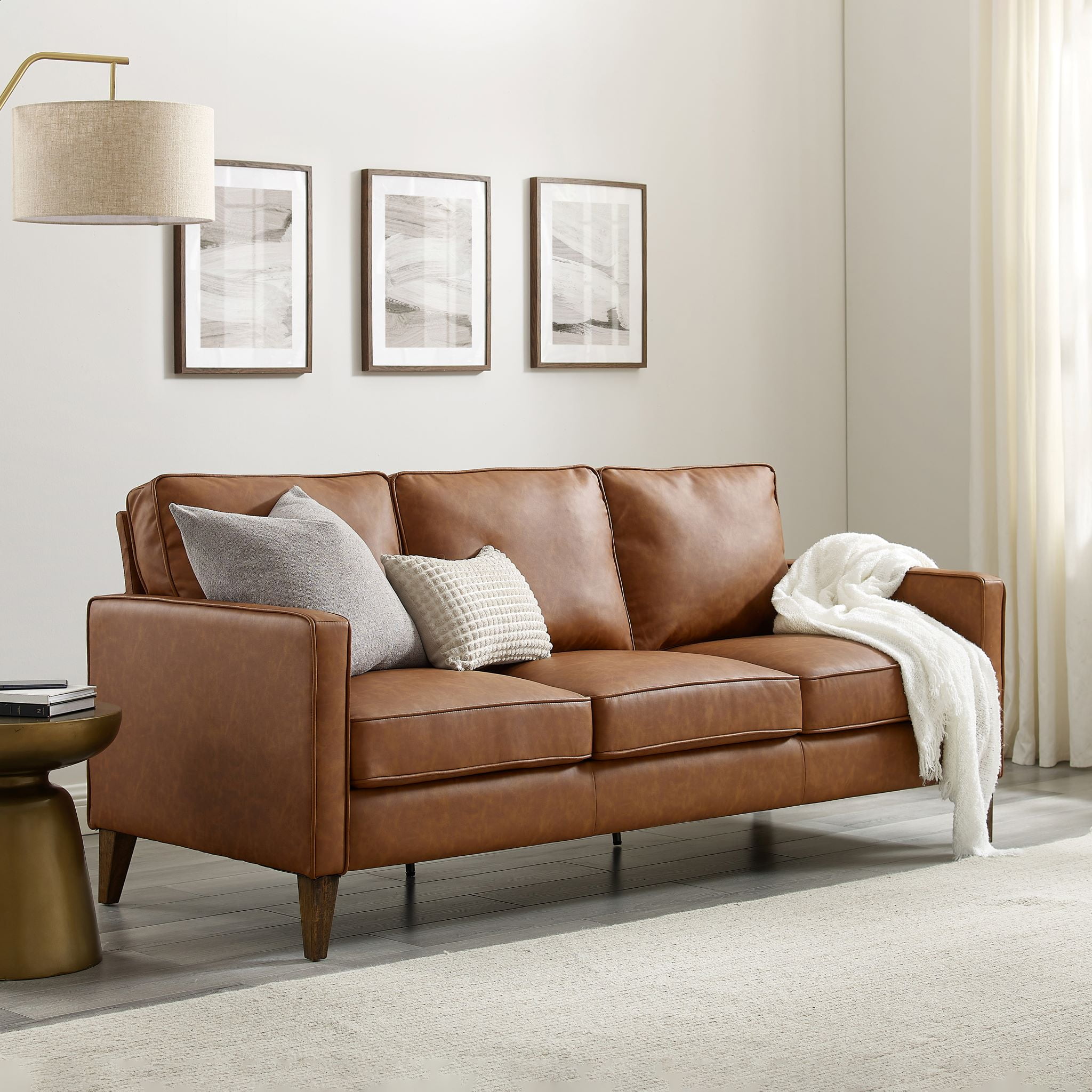 Faux Leather Sofa, Saddle Brown - Walmart.com