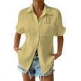 thumbnail image 1 of Womens Smocked Striped Boyfriend Shirt Casual Collar Shorts Sleeve Button Down Blouse Tops with Pocket Yellow XXL, 1 of 5