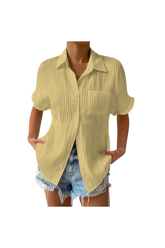 Womens Smocked Striped Boyfriend Shirt Casual Collar Shorts Sleeve Button Down Blouse Tops with Pocket Yellow XXL
