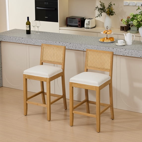 Jianyuan Song 2 Pcs Rattan Back Bar Stools Set, Solid Wood Bar Height Chairs with Linen Cushion, 38.6" Tall Kitchen Island Stools for Dining Room & Café, Beige