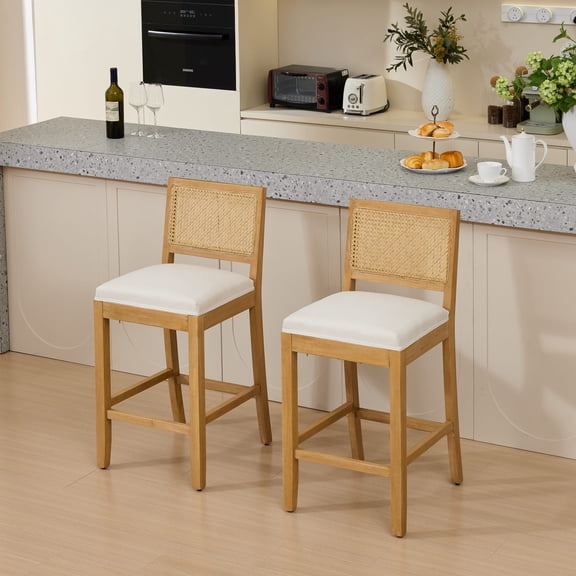 Jianyuan Song 2 Pcs Rattan Back Bar Stools Set, Solid Wood Bar Height Chairs with Linen Cushion, 38.6" Tall Kitchen Island Stools for Dining Room & Café, Beige