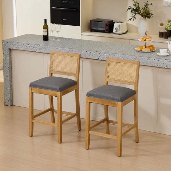 Jiayuan Song 2‑Pack Gray Solid Wood Rattan‑Back Bar Stools, 38.6" Bar & Counter Height with Linen Cushion for Kitchen Island