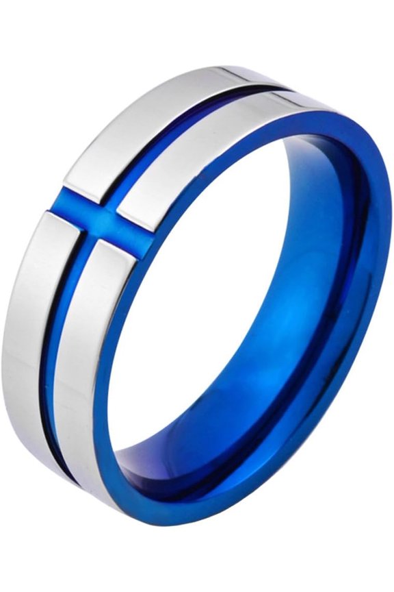 Men's 6mm Stainless Steel Classic Wedding Rings Grooved Cross Line Engagement Band, Blue/Gold