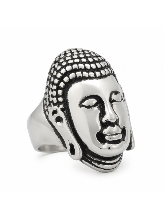 Men's Buddha Face Ring Stainless Steel Sculpted Vintage Statement Band, Textured Head Detail, Silver Tone Casual Ring, Birthday Father's Day Gift for Him, US Sizes 7-13