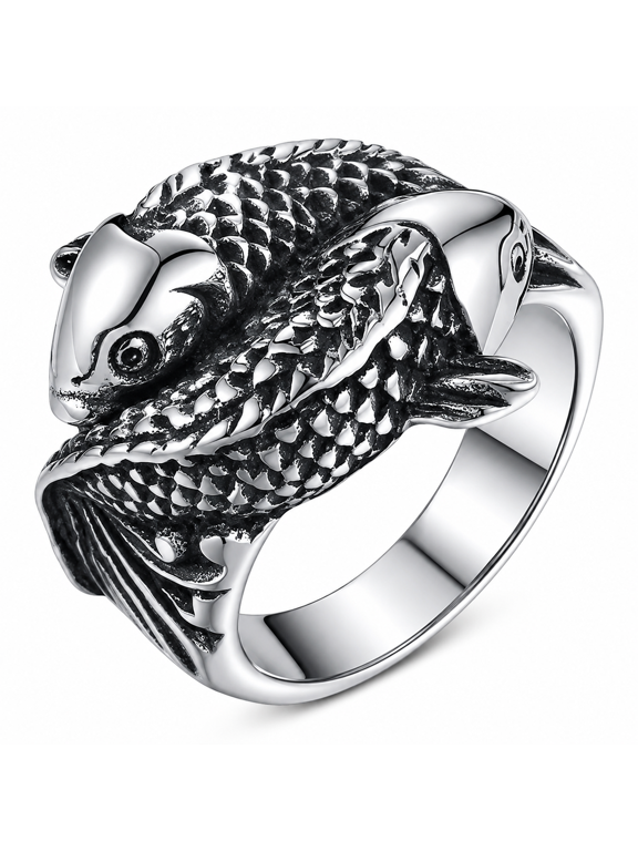 Men’s Double Fish Ring, Stainless Steel Nautical Statement Ring, Silver Tone Ocean Animal Ring, US Sizes 7-13, Beach Party Concert Outfit, Gift for Him