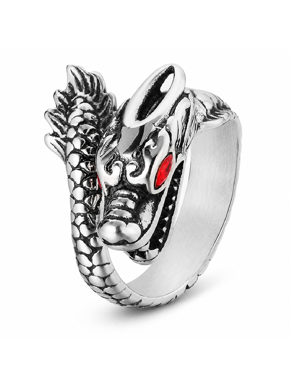 Men’s Dragon Head Ring, Scale Band, Stainless Steel Red Eye Statement Style, US Sizes 7-13 for Concert, Party, Weekend and Casual Wear, Birthday Gift Choice