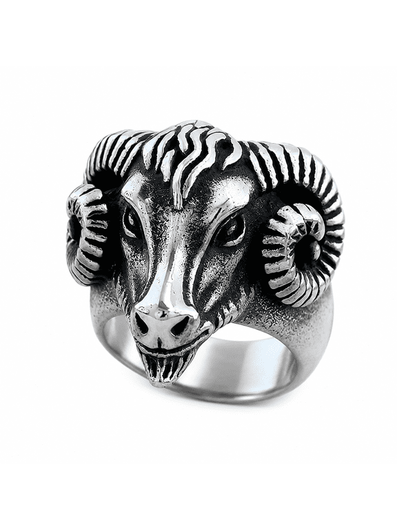 Men's Horned Ram Head Ring Stainless Steel Vintage Gothic Biker Statement Ring, Large Curled Horn Detail, Silver Tone Concert Party Halloween Ring, Birthday Father's Day Gift, US Sizes 9-13