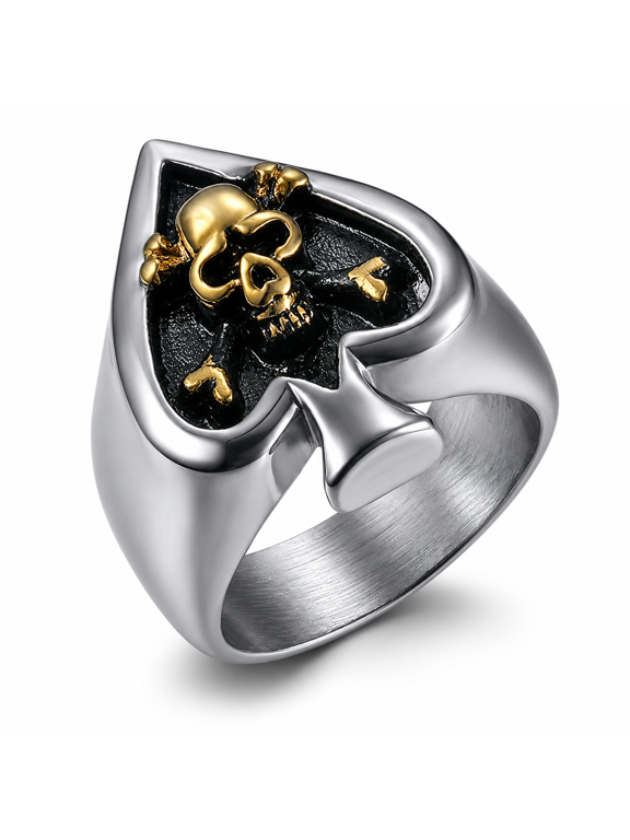 Men's Poker Spade Skull Signet Ring, Stainless Steel Gothic Biker Style, US Sizes 7-13 for Rock, Concert, Party and Casual Wear, Birthday Gift Choice