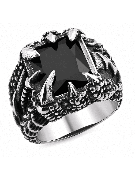 Men's Raised Claw Statement Ring with Faceted Centerpiece, Stainless Steel Gothic Biker Style, US Sizes 7-17 for Punk, Rock, Concert and Party Wear, Birthday Gift Choice