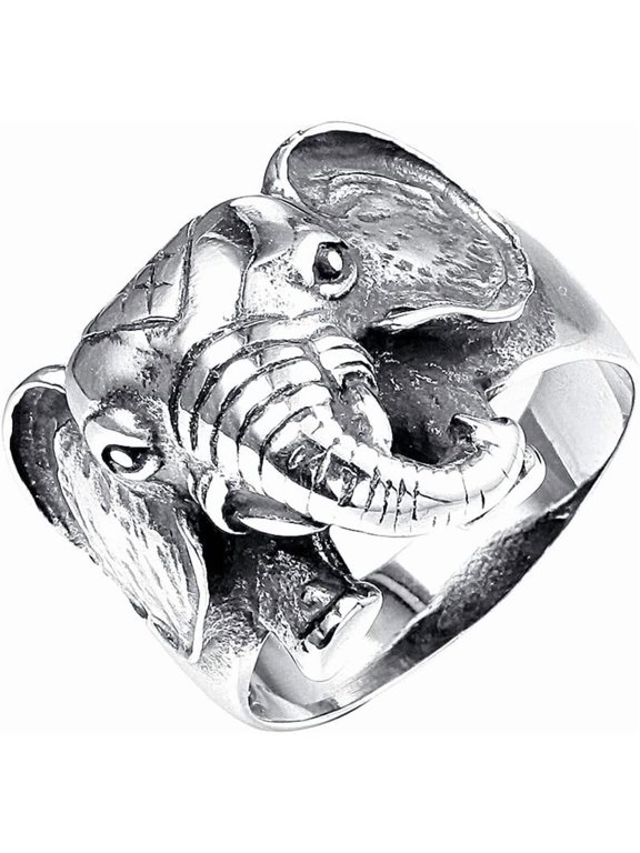 Men's Silver Black Vintage Animal Elephant Lucky Ring,Stainless Steel