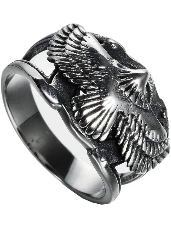 Men's Stainless Steel Eagle Hawk Ring Silver Black,Cool Punk Flying Eagle,Single Piece for Daily Wear