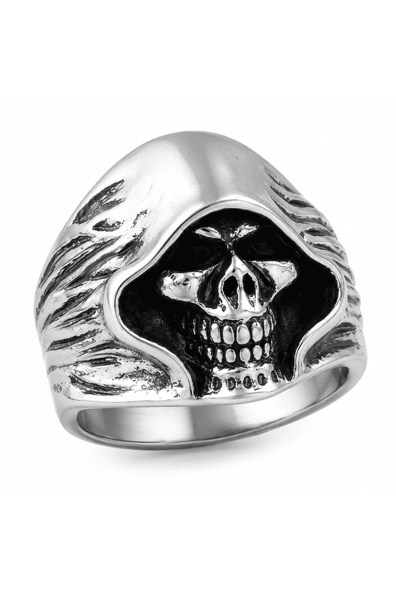 Men’s Stainless Steel Hooded Skull Ring for Men, Bold Statement Wide Band, Biker Gothic Rock Style, Daily Wear Party Concert Looks, Size 7-13, Birthday Gift for Him