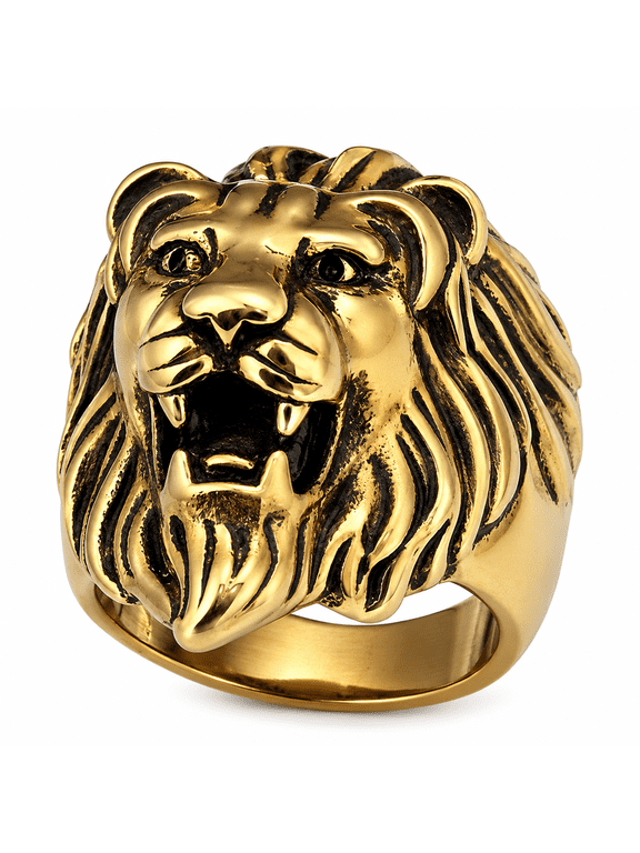 Men’s Stainless Steel Lion Head Ring, Gold Tone Animal Face Wide Band Ring for Men, Sizes 7-14, Biker Rock Streetwear Party Gift for Him