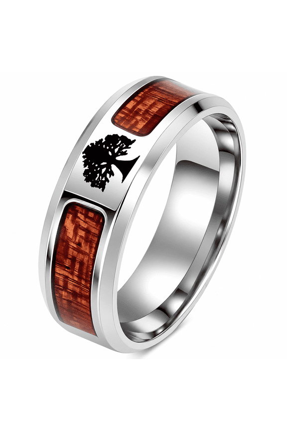 Men’s Stainless Steel Nature Ring, Tree Silhouette Wood Grain Style Inlay Wide Band Ring for Men, Sizes 6-13, Minimal Forest Inspired Gift for Him