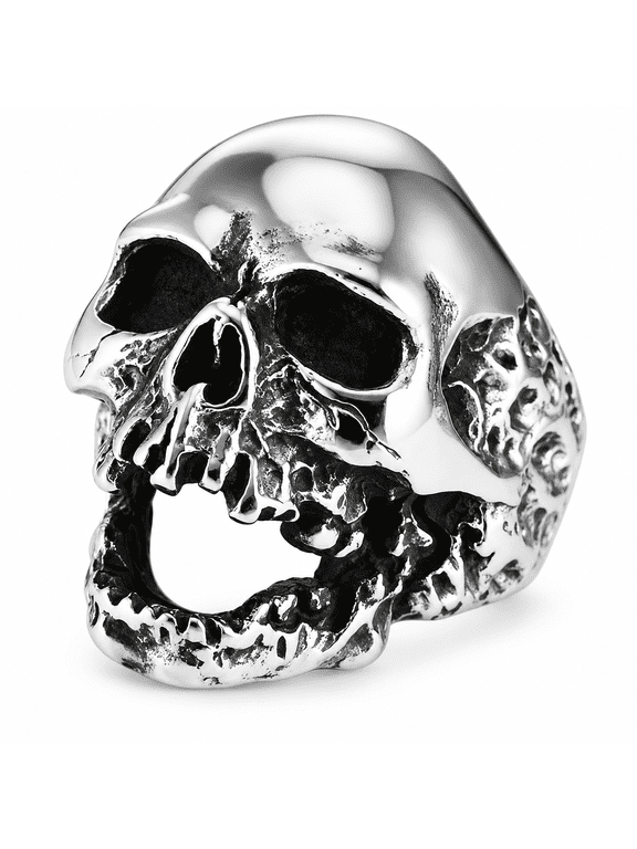 Men’s Stainless Steel Open Jaw Skull Ring, Sculptural Skull Head with Defined Teeth and Eye Sockets, Sizes 7-15, Gothic Style for Parties and Nights Out, Birthday Gift