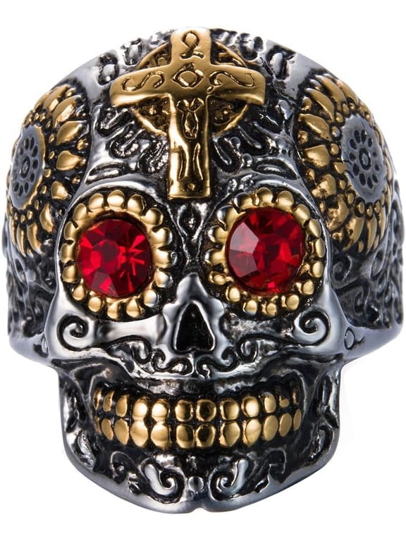 Men's Stainless Steel Silver Gold Gothic Cross Skull Ring Green Eye Vintage Flower Carved Halloween