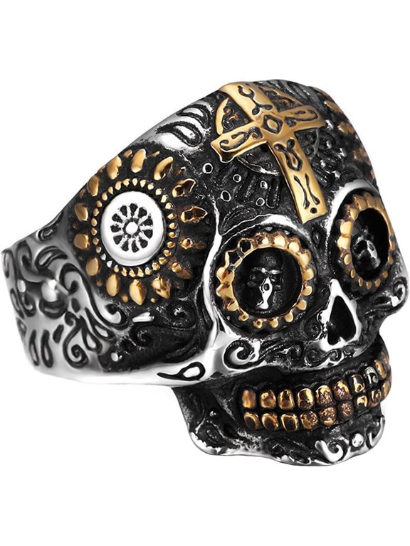 Men's Stainless Steel Silver Gold Gothic Cross Skull Ring Green Eye Vintage Flower Carved Halloween