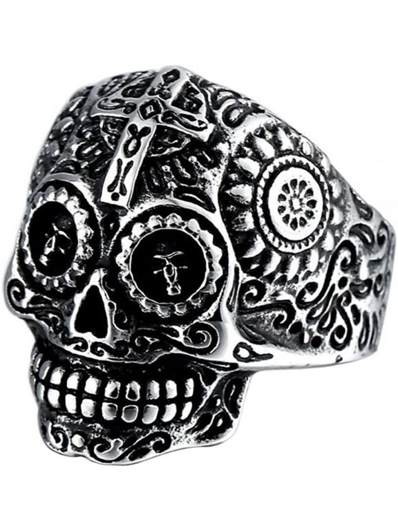 Men's Stainless Steel Silver Gold Gothic Cross Skull Ring Green Eye Vintage Flower Carved Halloween