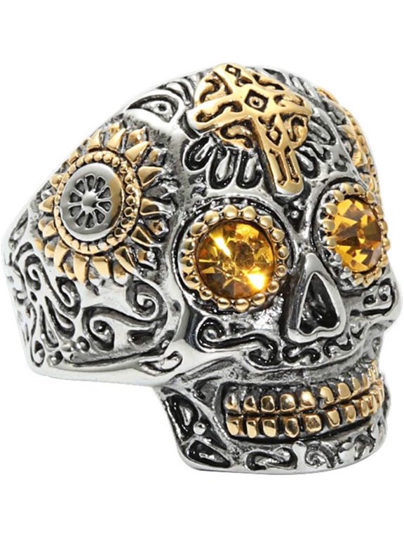 Men's Stainless Steel Silver Gold Gothic Cross Skull Ring Green Eye Vintage Flower Carved Halloween
